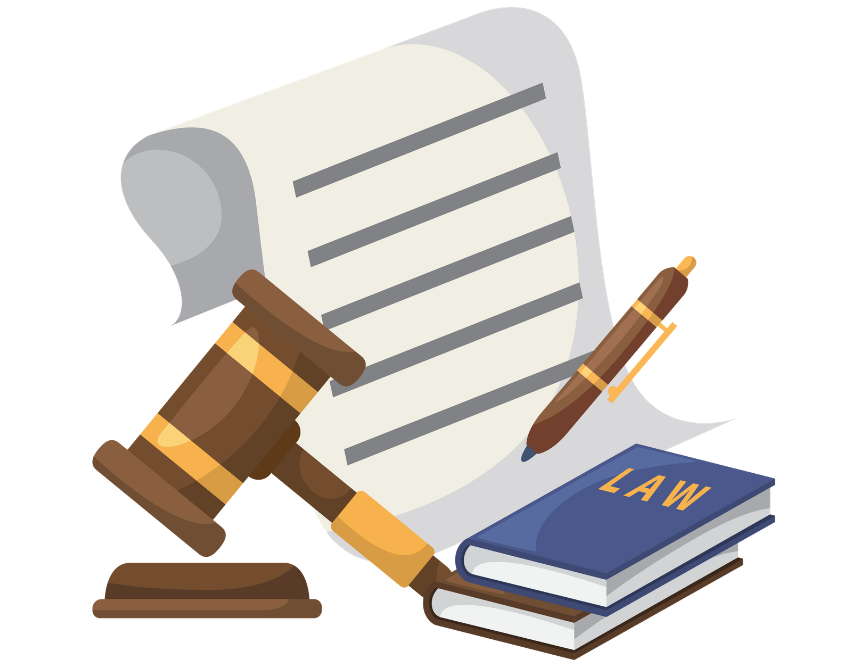 Illustration of gavel, law book, pen, and legal document scroll icons!