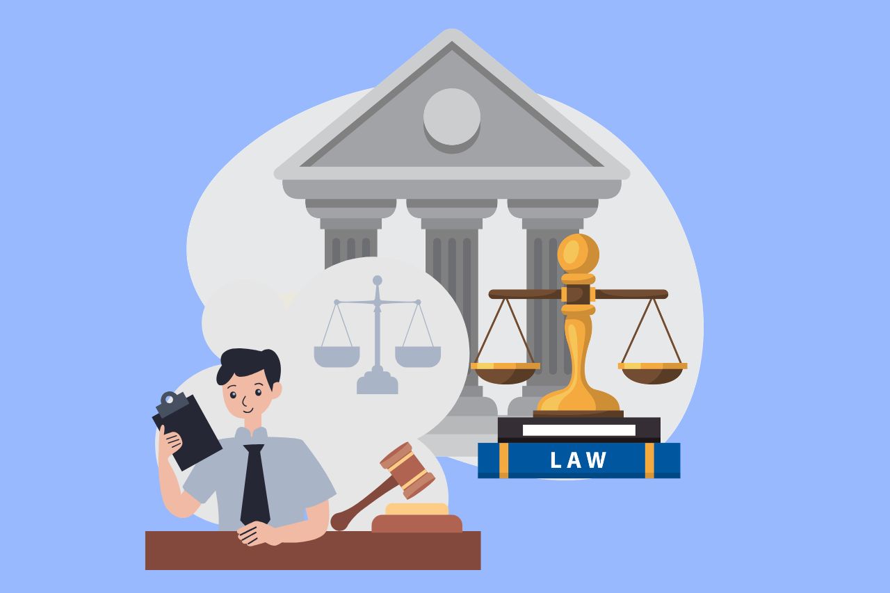 Illustration of justice scales, courthouse, gavel, and law clerk desk