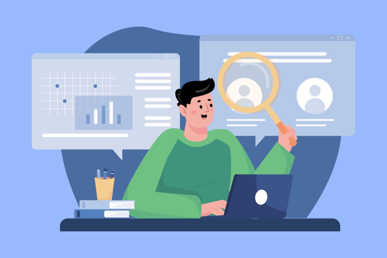 Person analyzing website data and user profiles on dashboard screens