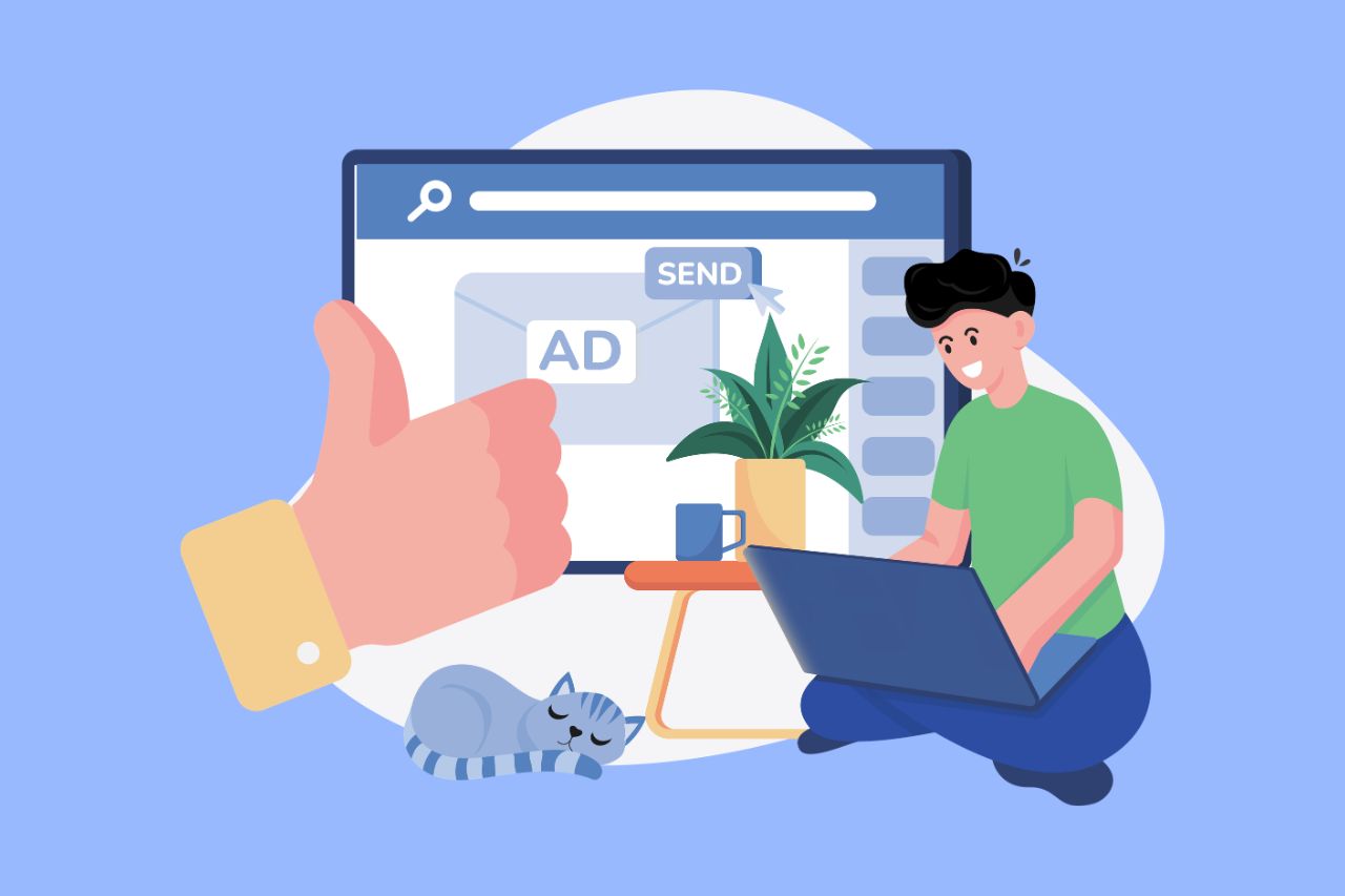 Person working on laptop with a large thumbs-up and ad on screen