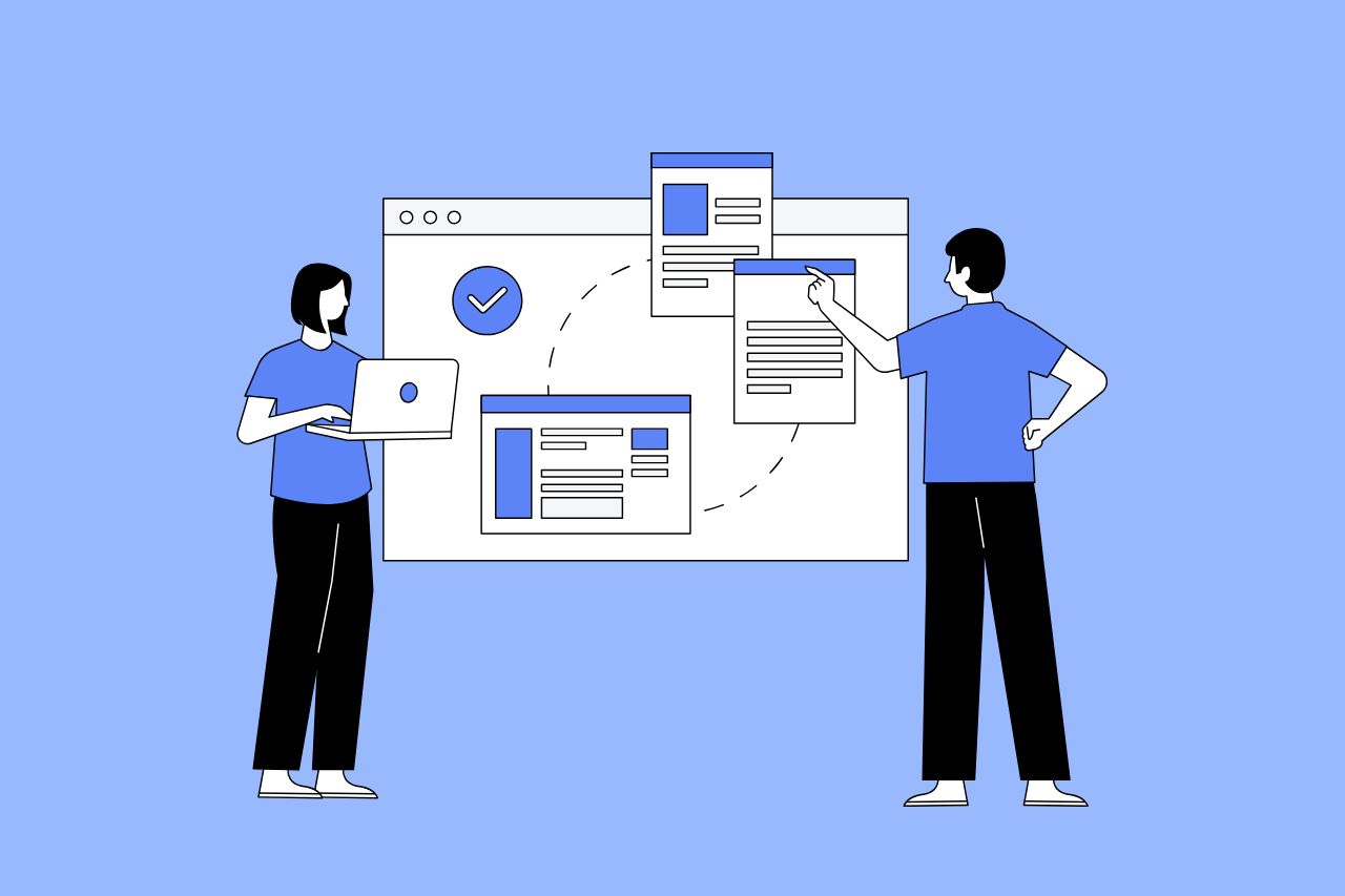 Two people discussing accessible design mockups UI