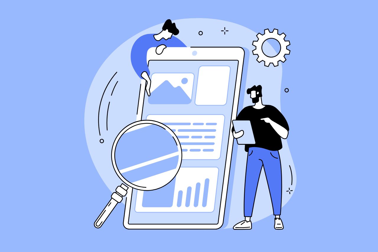 Illustration of two people examining a smartphone screen with a magnifying glass, surrounded by a gear icon and abstract shapes representing website review and accessibility testing.