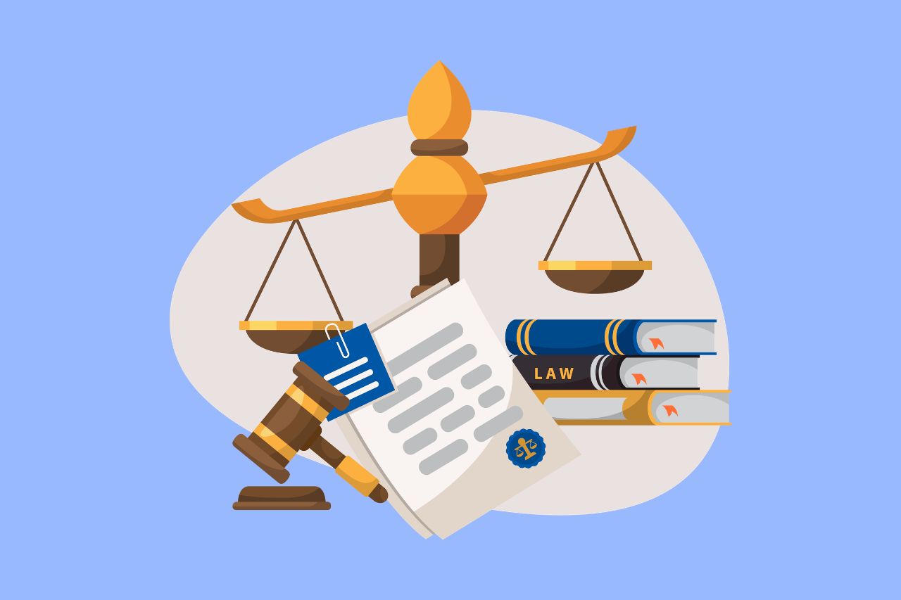 Illustration of scales of justice, a gavel, law books, and a legal document representing ADA employment law.