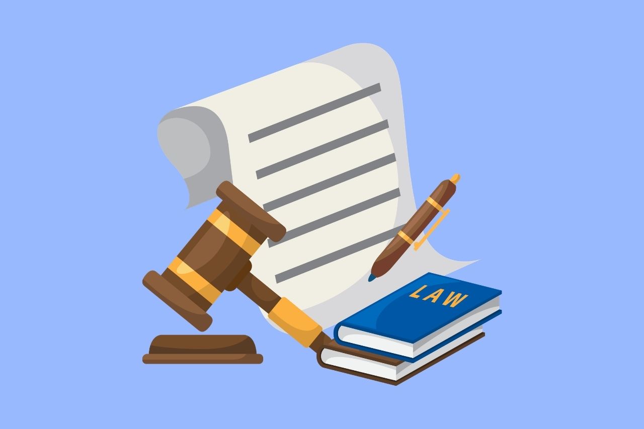 Illustration of a gavel, a signed legal document, a pen, and stacked law books representing legal regulations and compliance
