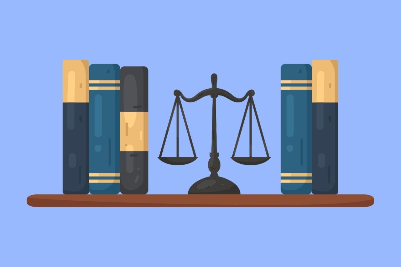 Illustration of a scales of justice symbol on a shelf between rows of law books, representing legal regulations.