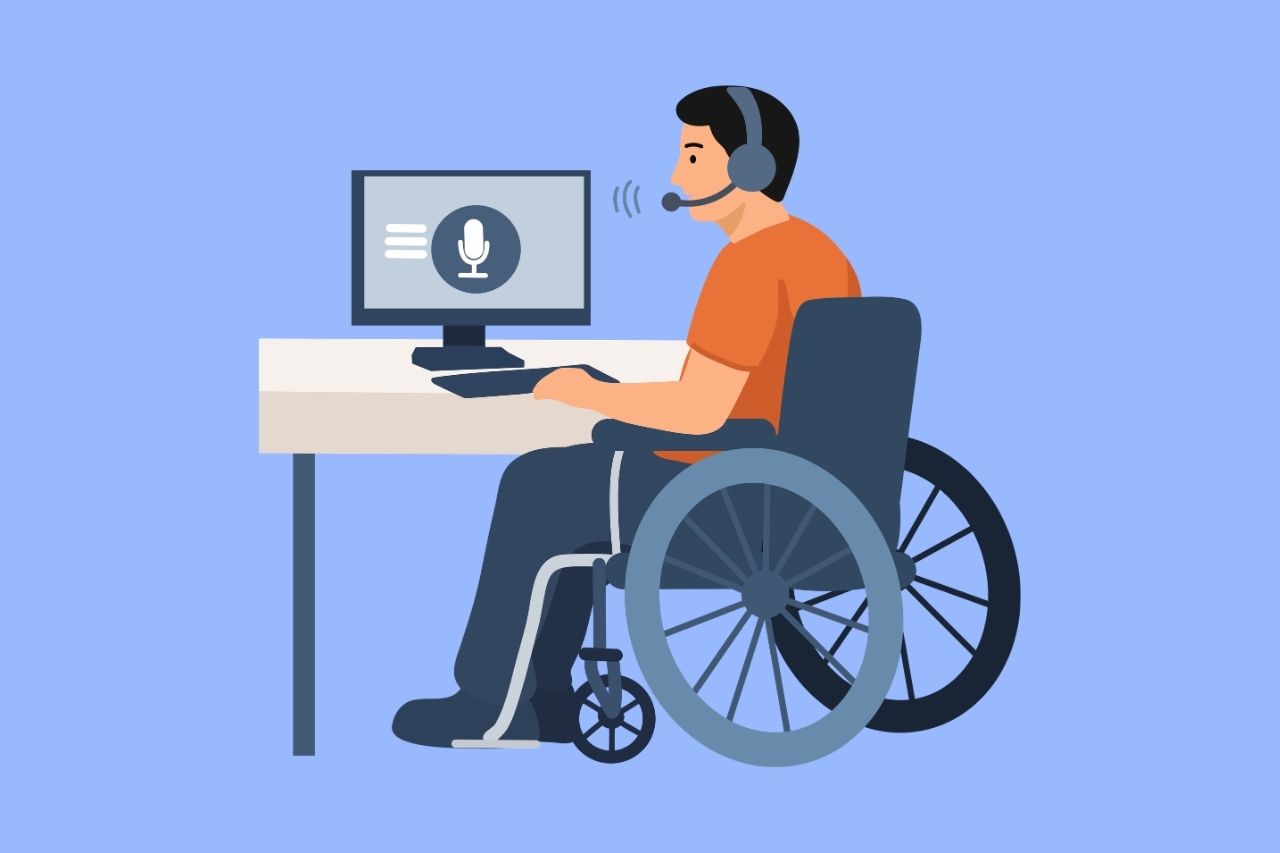 Illustration of a man in a wheelchair using a headset microphone to communicate with a computer showing a voice input icon on screen