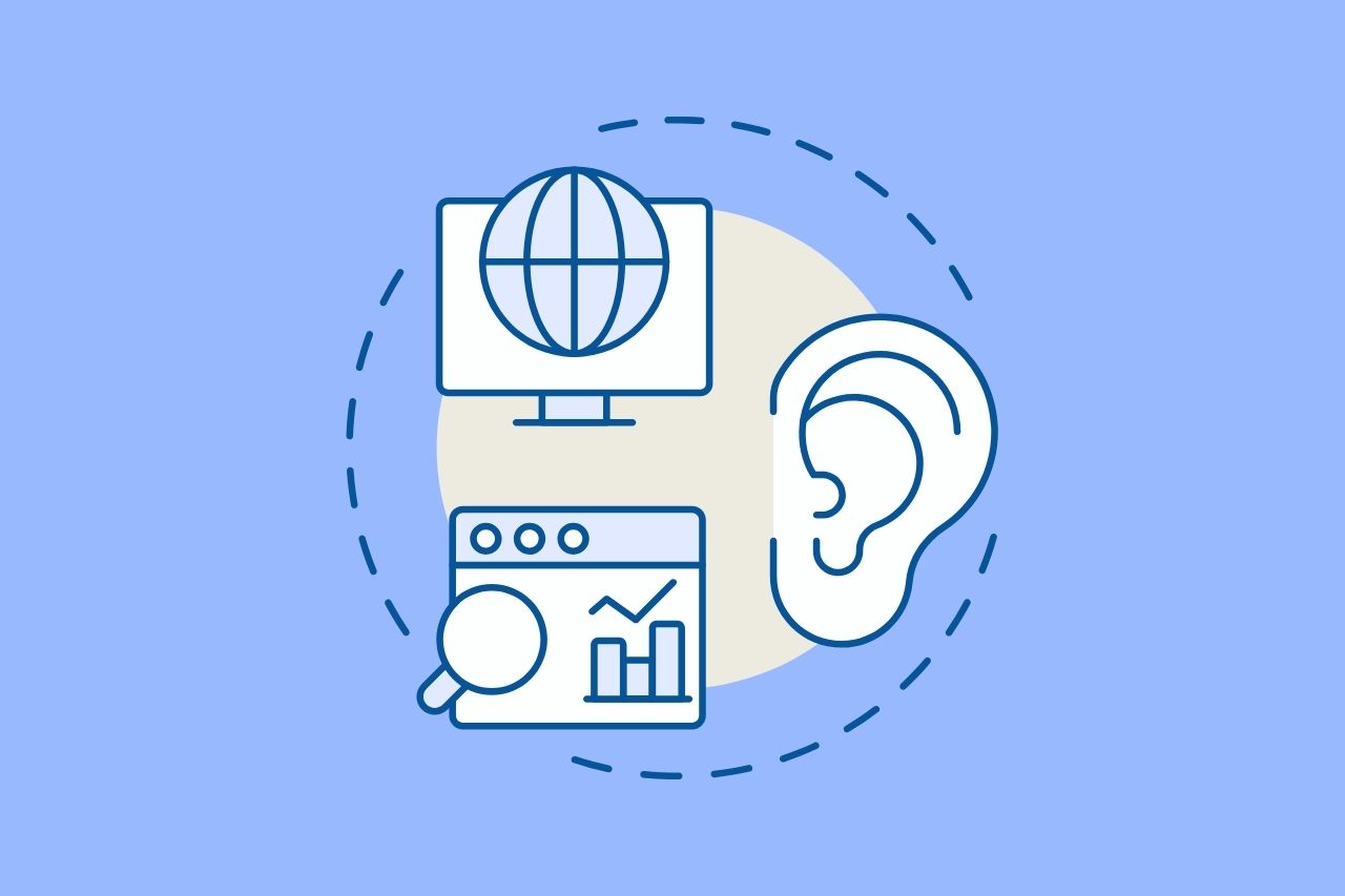 Icon illustration of an ear beside a computer monitor and browser window with a search and chart icon, representing web accessibility for hearing