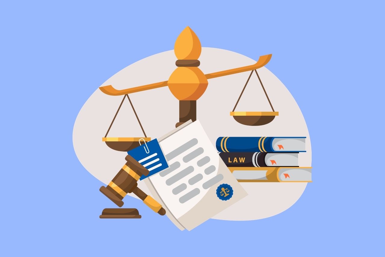 Illustration of scales of justice, a gavel, a legal document with a seal, and stacked law books, representing legal compliance.