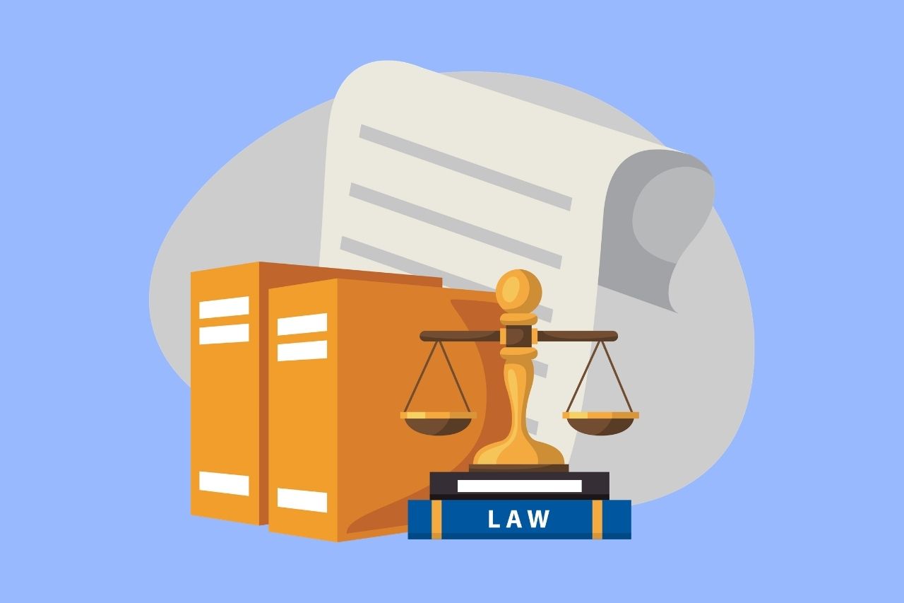 Illustration of law books, a legal scale, a gavel, and a legal document, representing Canadian accessibility legislation