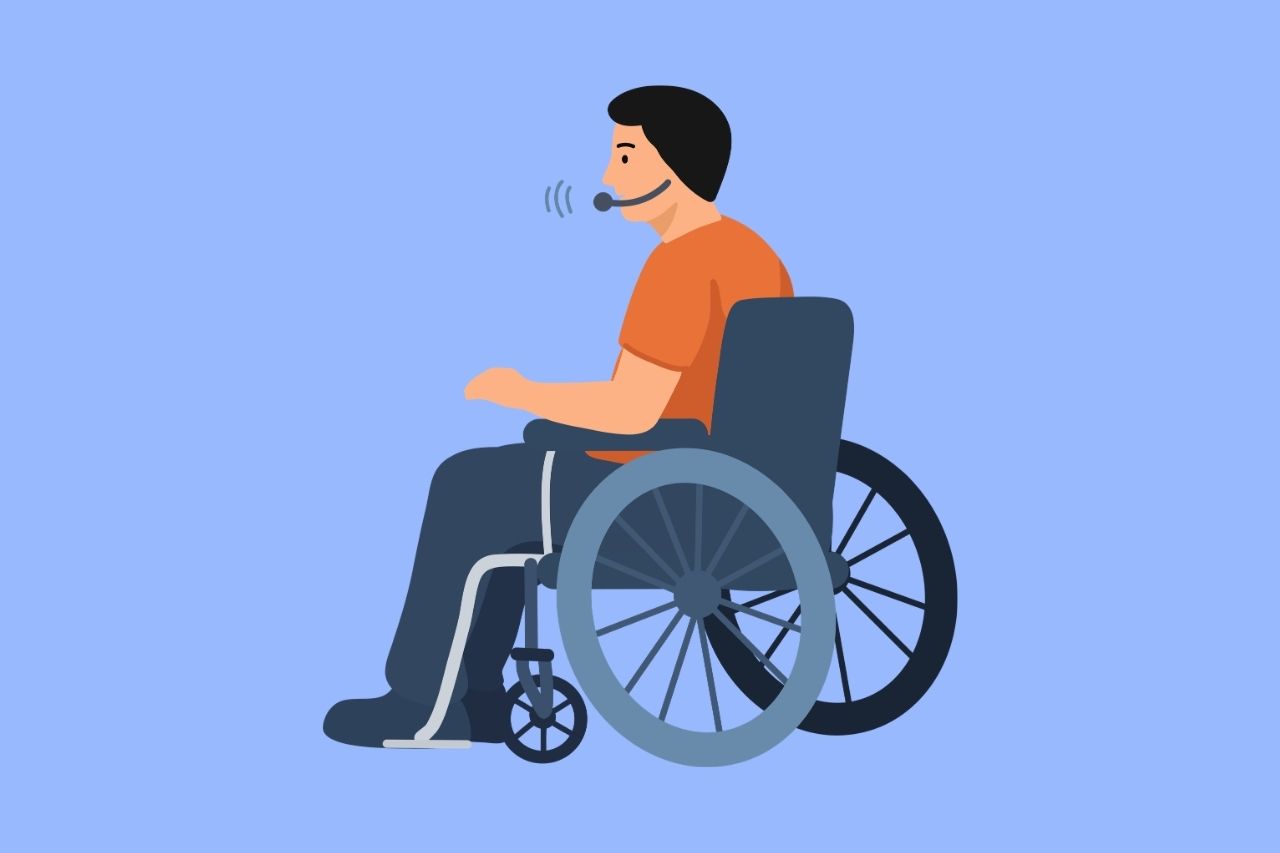 Illustration of a man in a wheelchair using a headset microphone, representing voice-controlled technology for motor disabilities