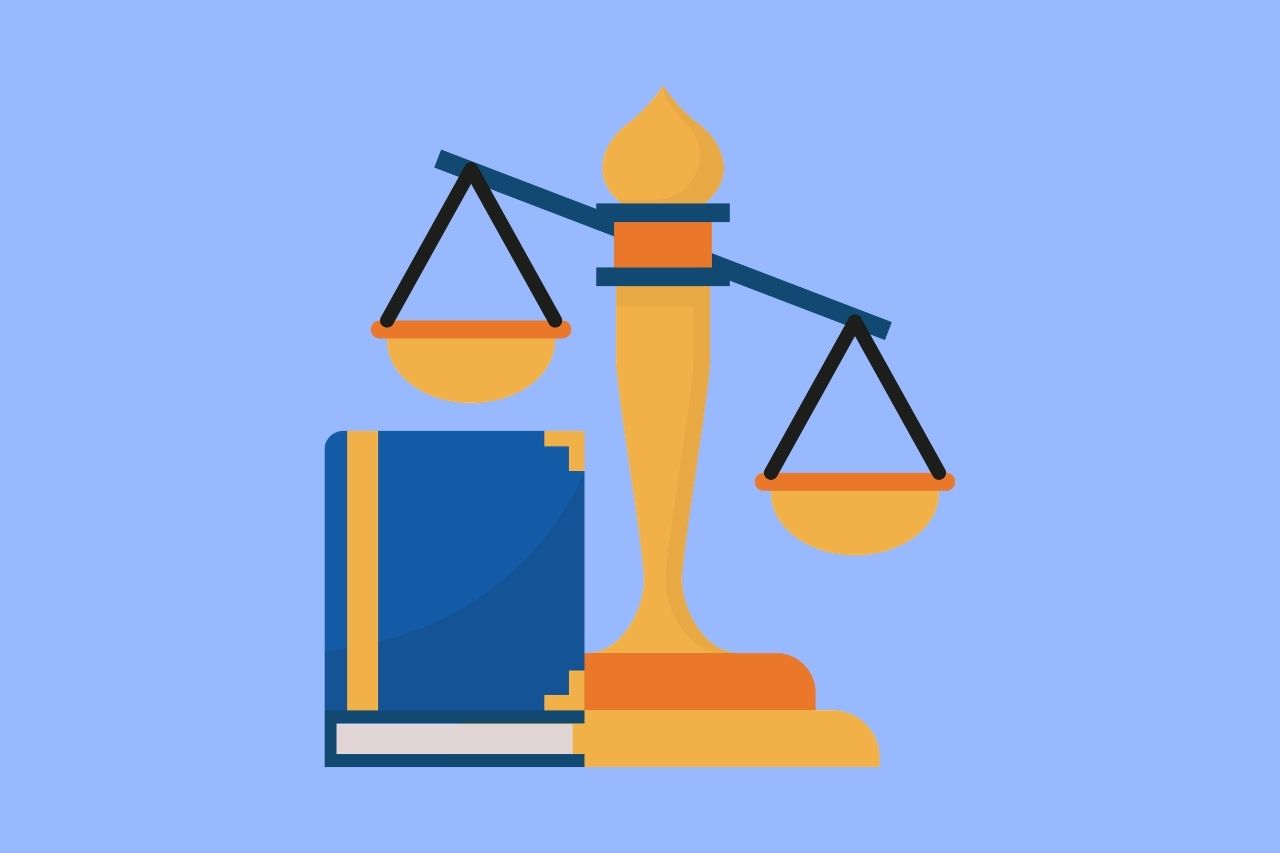 Illustration of a tilted scales of justice beside a closed law book, representing legal compliance