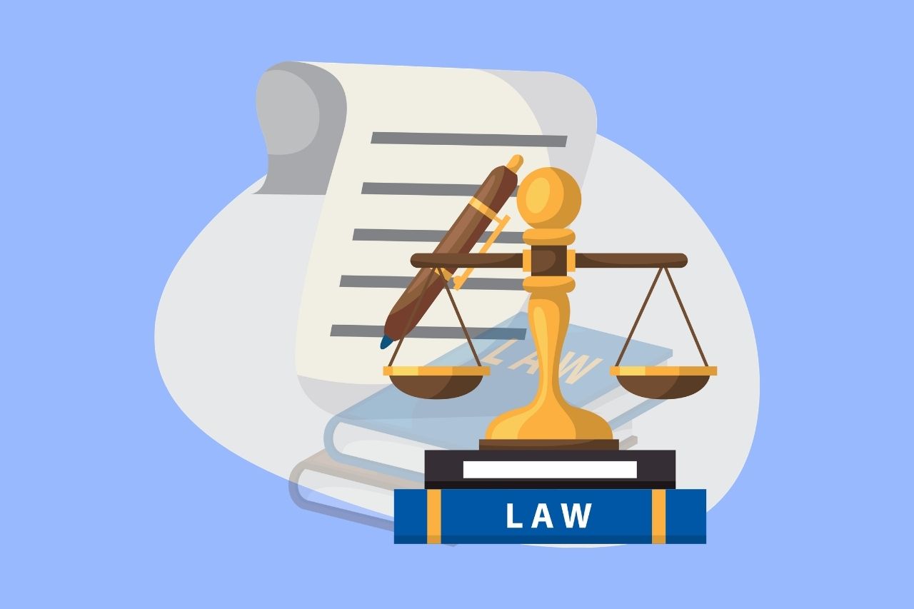 Illustration of scales of justice, a law book, and a legal document representing UK accessibility law and compliance. 