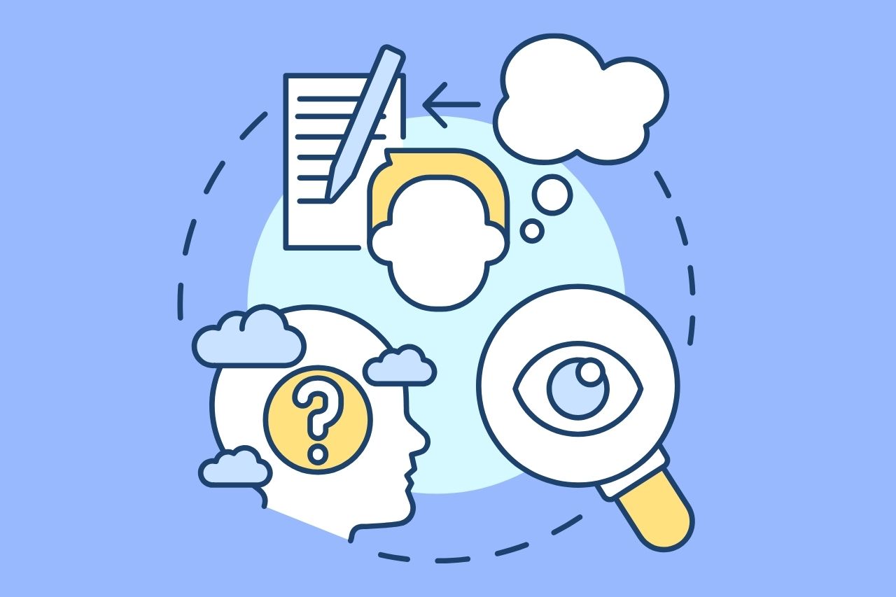 Icon illustration of a head with a question mark and clouds, a head with a thought bubble beside a notepad and pen, and a magnifying glass over an eye, representing cognitive processing