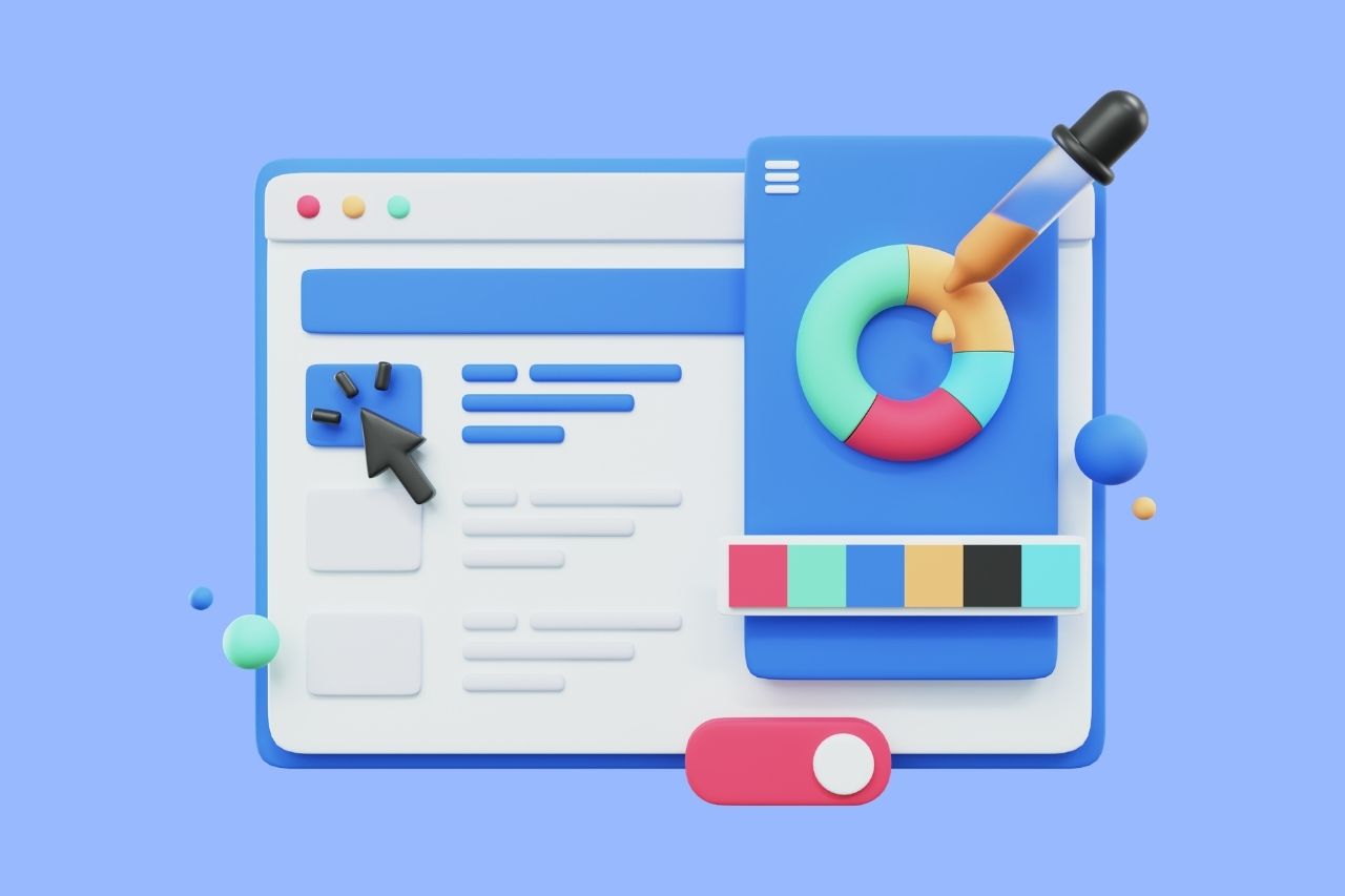 3D website design illustration with a color dropper, donut chart and color palette swatches used for accessible color choices