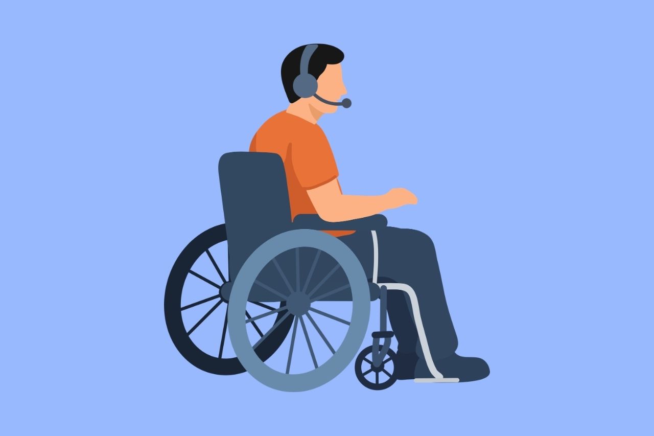 Illustration of a man in a wheelchair wearing a headset with a microphone, representing temporary and situational limitations in using websites