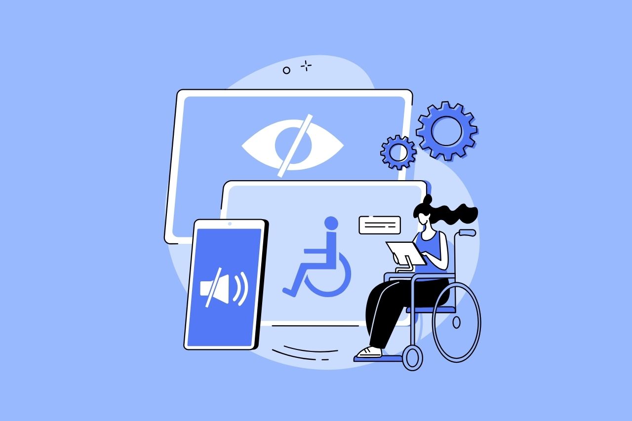 Illustration of a woman in a wheelchair holding a tablet beside screens showing a crossed-out eye, a muted speaker, and a wheelchair accessibility symbol
