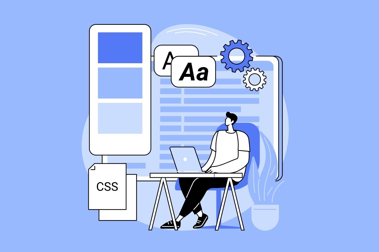 Illustration of a person working on a laptop at a desk beside a webpage layout, text style samples, and a CSS file, representing website design and development