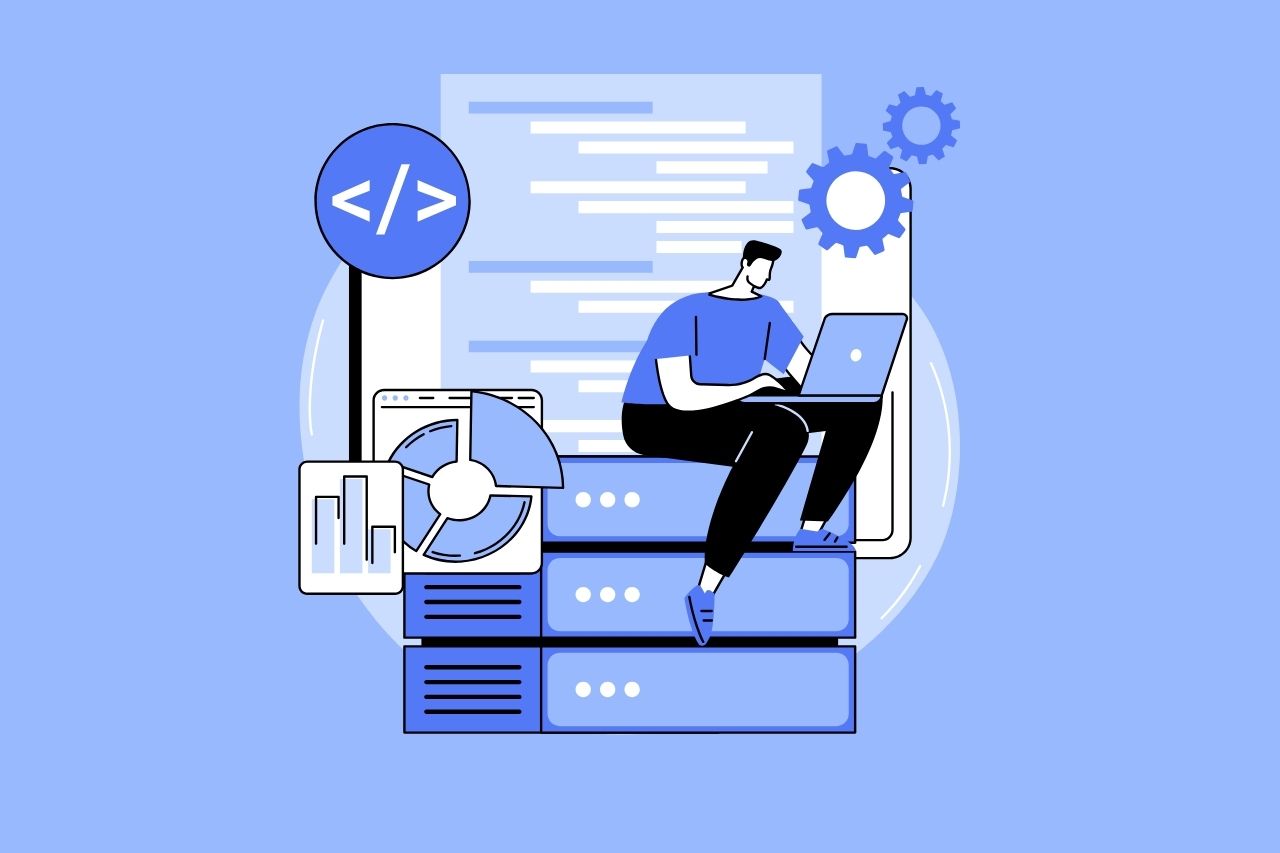 Illustration of a person typing on a laptop while sitting on stacked servers beside a code symbol, a block of code, a chart, and gears, representing web development